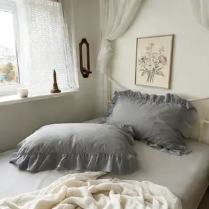 Pack of 2/4 Gray Edge Ruffle Pillow Shams, Soft Brushed Microfiber Decorative Pillow Covers with Envelope Closure, Vintage Farmhouse Style Pillowcases for Bedroom & Living Room, Wrinkle Resistant