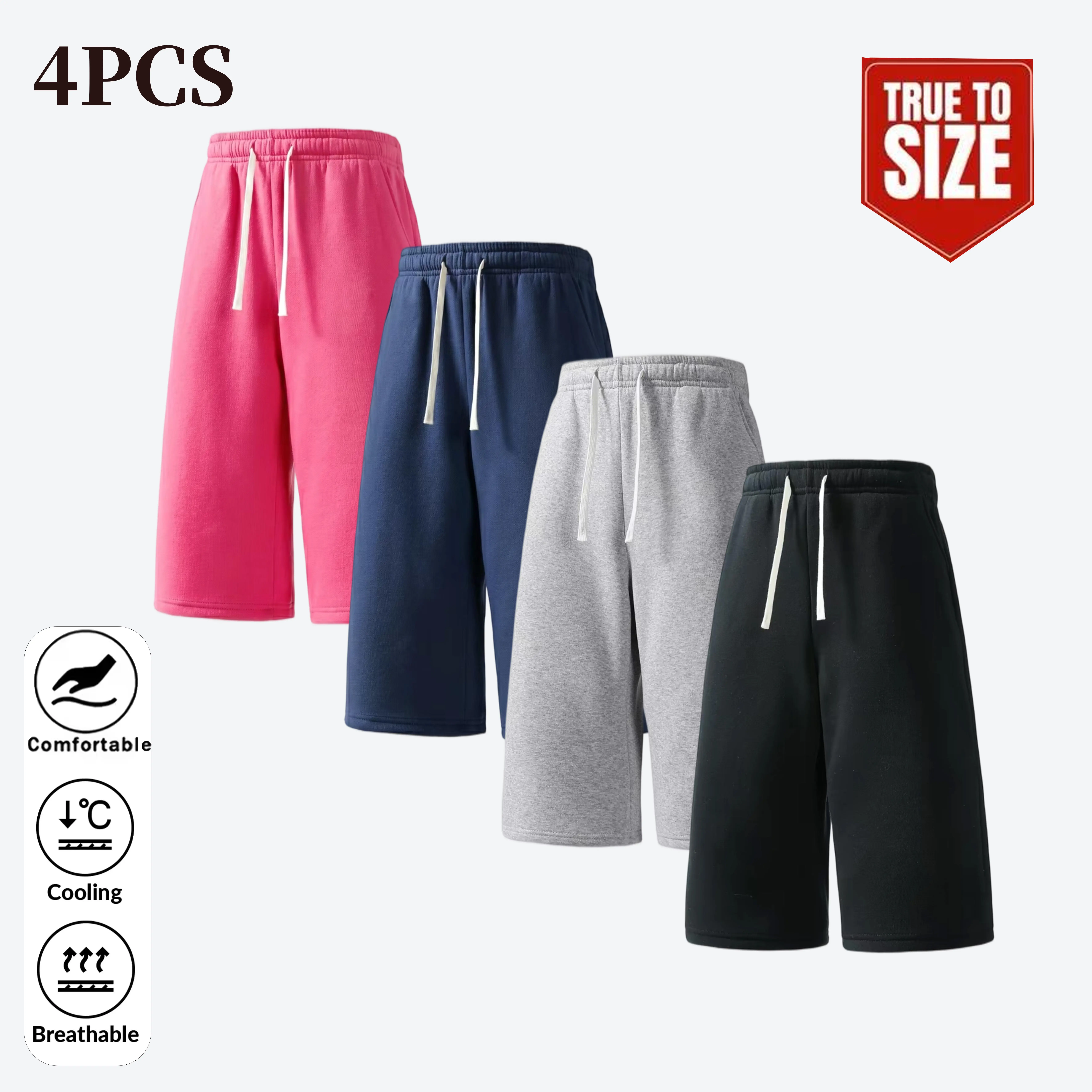 Men's 4-Pack 7/8 Length Capri Pants, Casual Korean Style Solid Polyester Knit Sweatpants with Drawstring, Relaxed Fit for Summer Streetwear, Male Capri Pants, Streetwear Clothing, Athleisure Sweatpants, Breathable Sporty Bottoms, Everyday Sweatpants