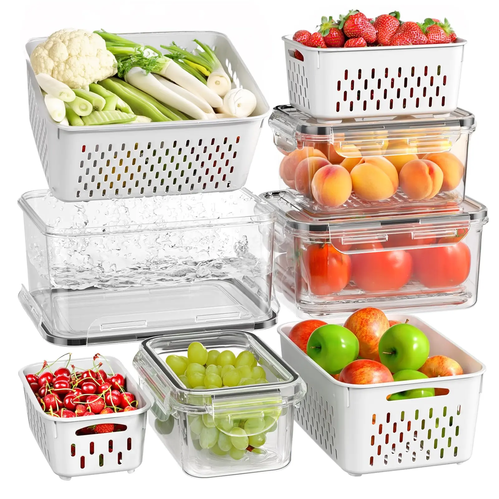 Durable Fruit Storage Containers (4 PCS) - Refrigerator Organizer with Removable Colander, Locking Buckles, Leak-Proof Seal, Safe and Durable, Airtight, Dishwasher Safe for Berries, Fruits, Multi-Size Kitchen Utensils (White)
