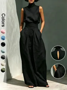 Solid Color High-Neck Linen Two-Piece Set, Elegant Sleeveless Top & Wide Leg Pants with Pockets, Old Money Aesthetic Casual Suit for Women