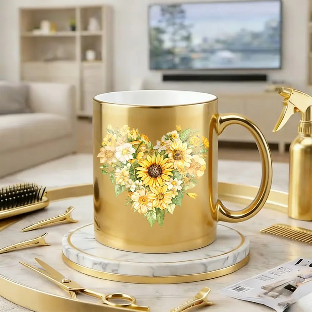 Sunflower Heart Gold Ceramic Coffee Mug, Aesthetic, 11oz Shiny Metallic Gold Floral Tea Cup, Stylish Coffee Mugs, Unique Birthday Mothers Day Gifts for Women Mom Wife Sister Friend, Sunflower Lover Gifts for Coffee Tea Lovers, Home Office Decor, Drinkware