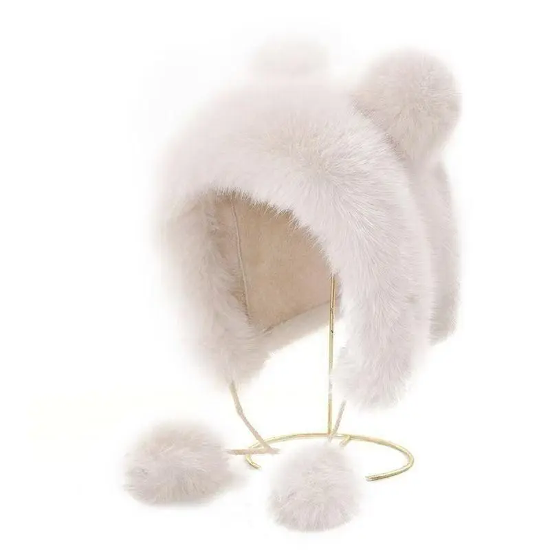 Bear Ears Plush Hat for Women  Fluffy & Warm Ear Protector  Cozy Baotou Hat for Autumn & Winter  Stylish & Soft Cold Weather Headwear for Outdoor Adventures