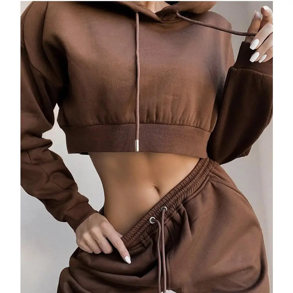 Women's Cropped Zipper Tracksuit: Hoodie & Sweatpants Set