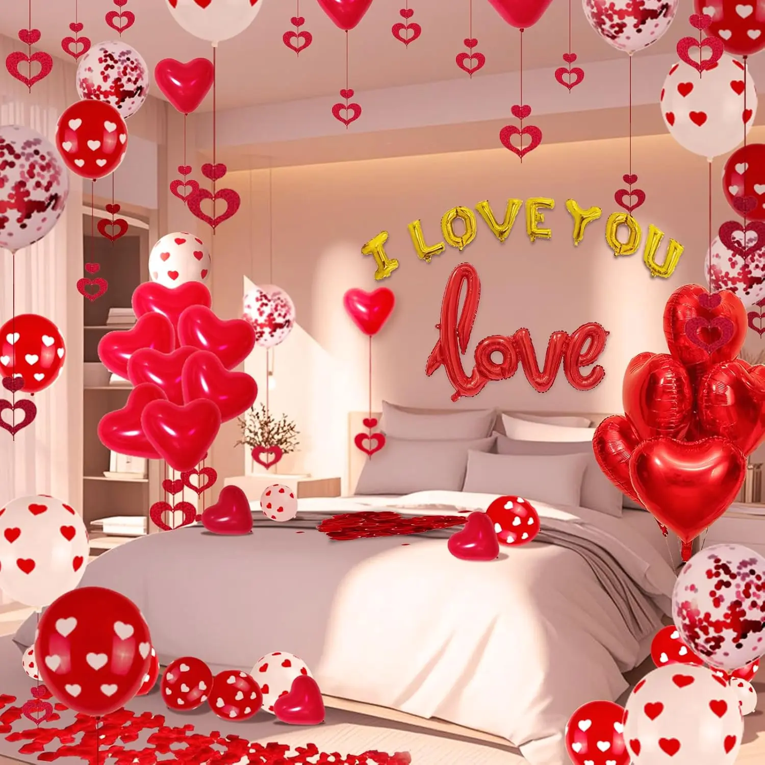 110PCS Self-Sealing Rubber Heart-Shaped Balloons Set with 1000 Pcs Silk Rose Petals, 50PCS Hanging Decor for Valentine's Day, Wedding Party Supplies