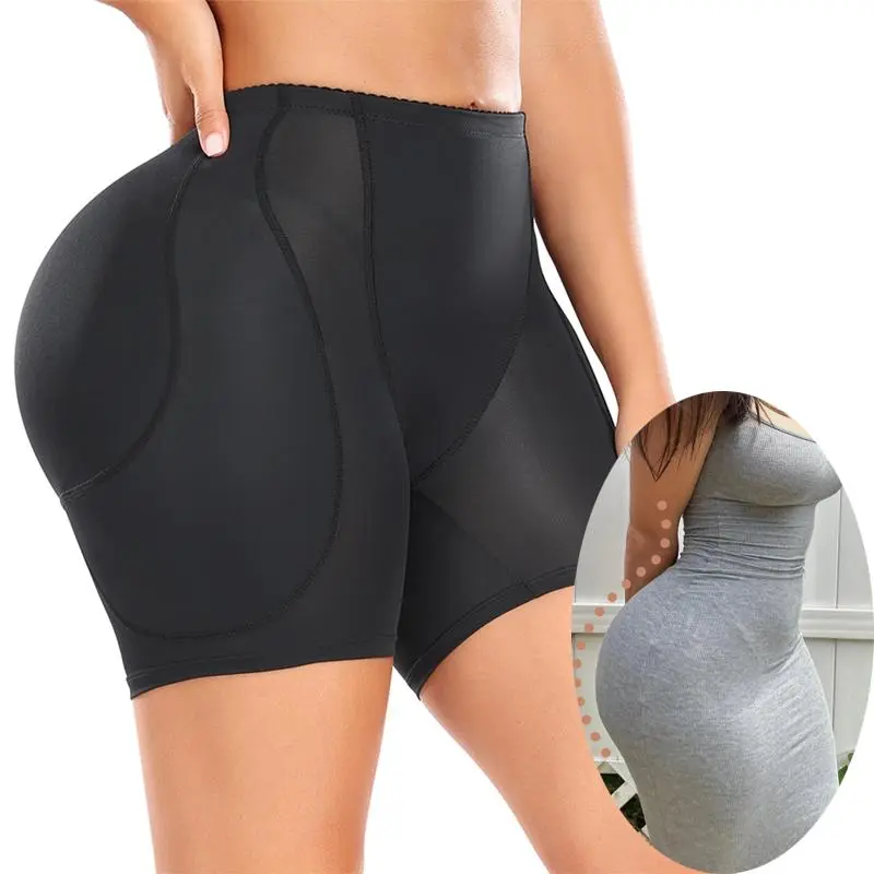 Women's Mid Waist Solid Compression Fabric Shapewear Shorts with 4 Removable & 2 Butt Pads - Tummy Control, Butt Lifter, Hip Enhancer, Slimming Body Contouring for Party, Wedding, Travel Wear