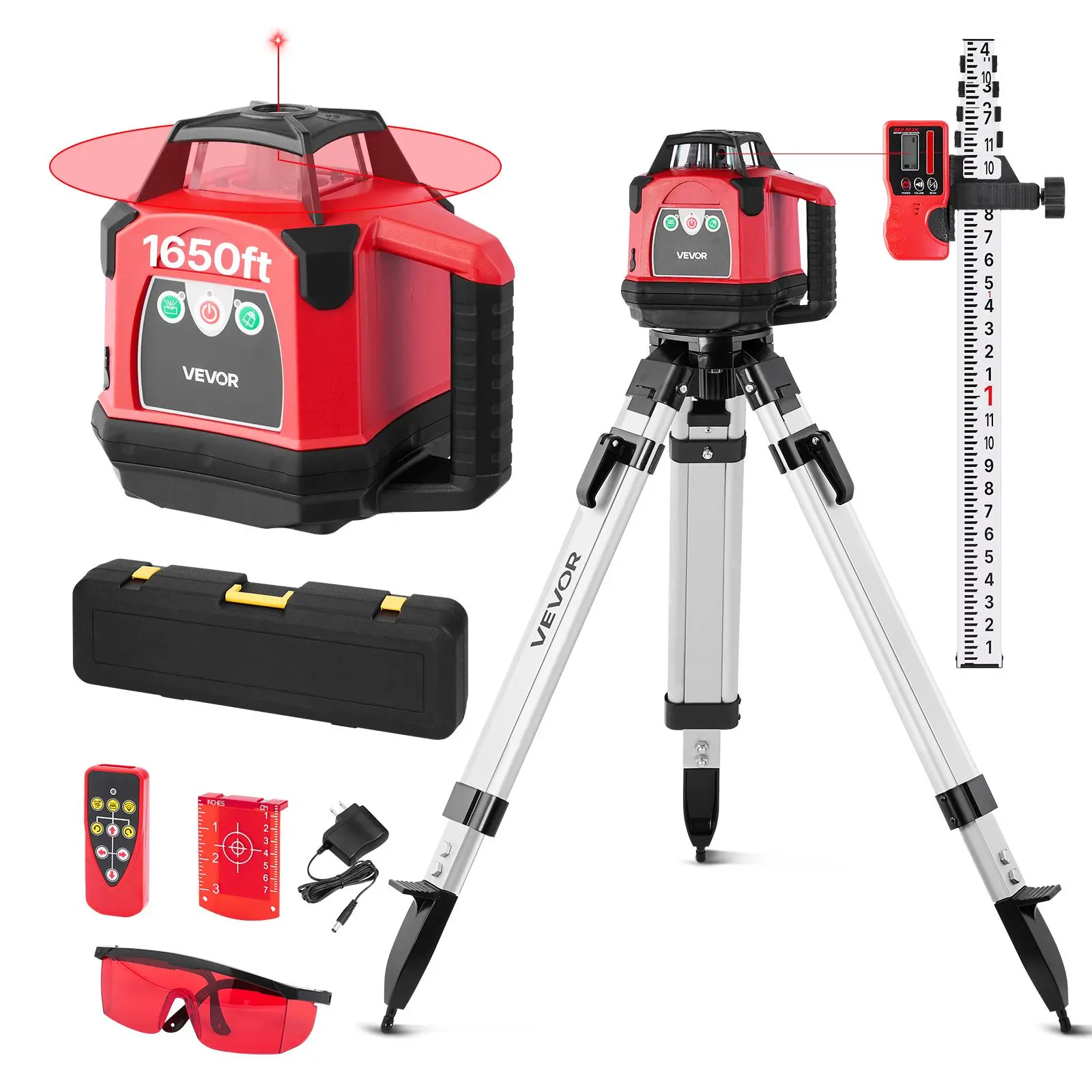 VEVOR Rotary Laser Level Kit with Heavy-Duty Tripod, Receiver, Remote Control, Toolcase, 1.2V Batteries/Cells, 1650 ft Range, 360-Degree Self-Leveling Red Horizontal Laser Transit, IP54 Waterproof, 0.06 in/100 ft Accuracy for Construction