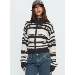 Tetra Zip Through Knit Sweater Pink Stripe