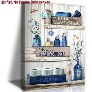 2D flat 1pc Unframed wall decor,Navy Blue Bathroom Decor Wall Art Rustic Blue Bathroom Canvas Wall Decor Please Seat Yourself Sign Print Painting Vintage Aesthetic Picture Artwork Decor