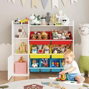 Modern Kids Toy Storage Organizer - 43.5" W, 8 Removable Bins, 3 Cubbies, Kids Bookshelf, Easy-Setup Nursery Playroom Furniture
