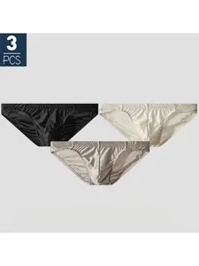 Men's Ice Silk Satin Triangle Underwear Set, 3-Pack Low Waist Comfortable Skin-Friendly Casual Office Wear, All-Season Plain Color