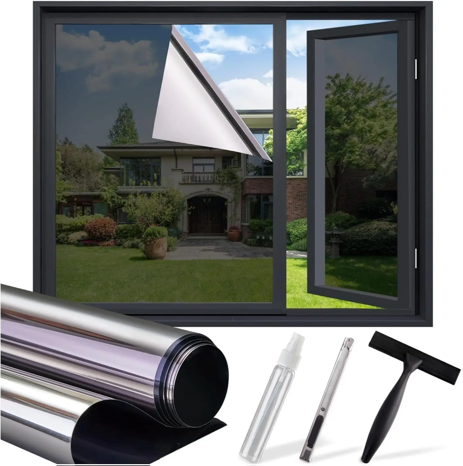 [New Deal] - One Way Privacy Window Film: Reflective Window Tint for Home Heat Blocking UV Protection, See Out Not in Daytime Privacy Mirror Static Clings for House Glass Doors, 3 Tools, Black(17.5" x 78.7")