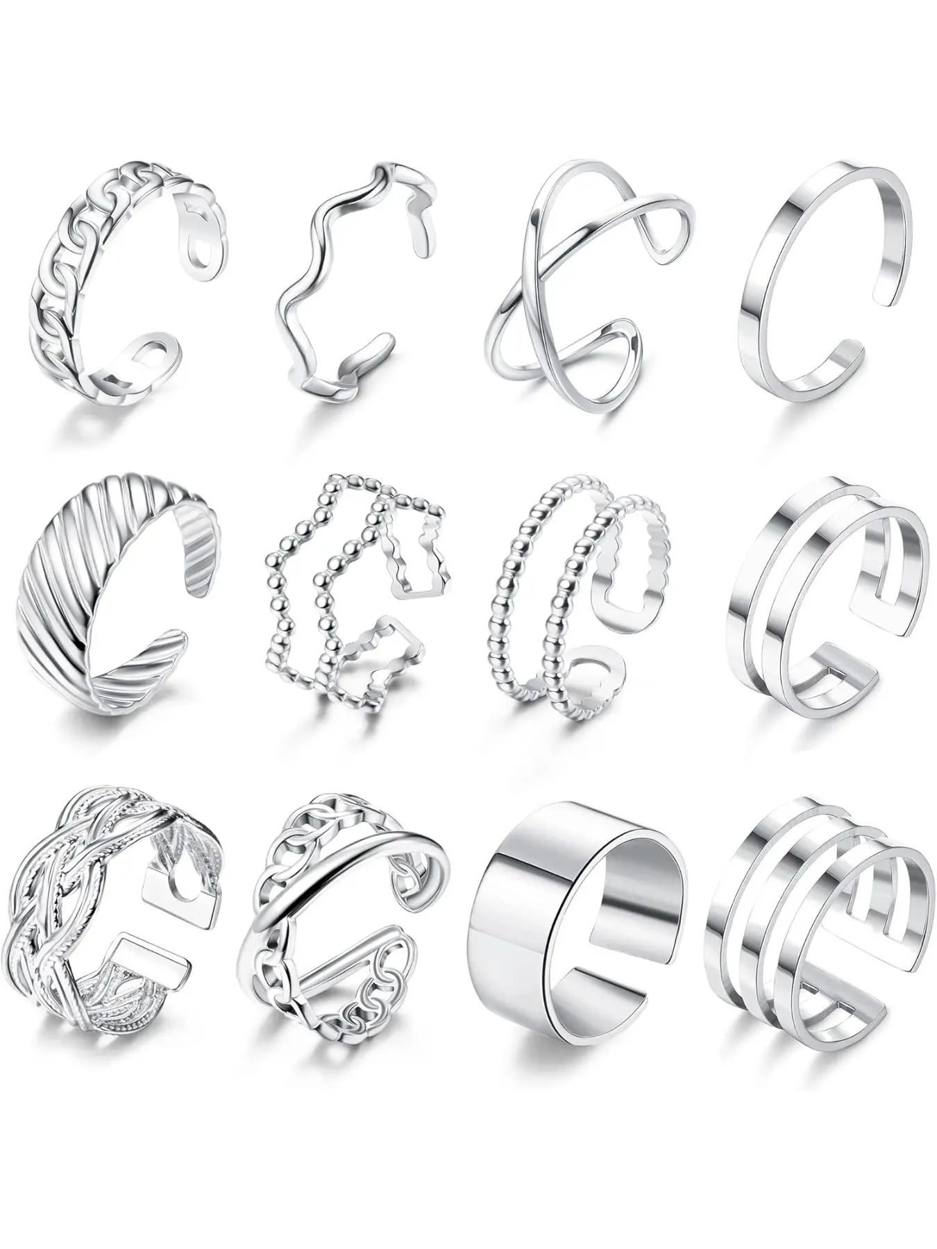 12pcs Knuckle Rings for Women & Men, Silver Color Stainless Steel, Stacking Open Rings Set, Simple Adjustable Thumbrings