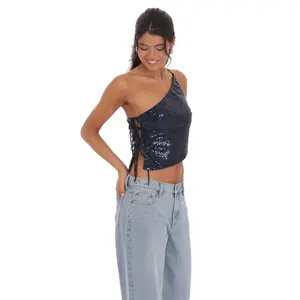 Sequin One Shoulder Tie Top in Navy