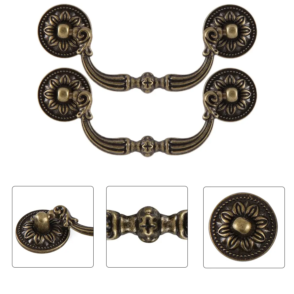 2-Pcs 96mm Brass Antique-Style Drawer Pull Handles, Classic Decorative Alloy Cabinet Hardware, Easy-Install Dresser Knobs with Included Mounting Screws