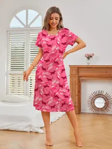Women's All Over Print Round Neck Nightdress, Casual Soft Comfortable Short Sleeve Nightgown for Summer, Ladies Sleepwear for Indoor Wear