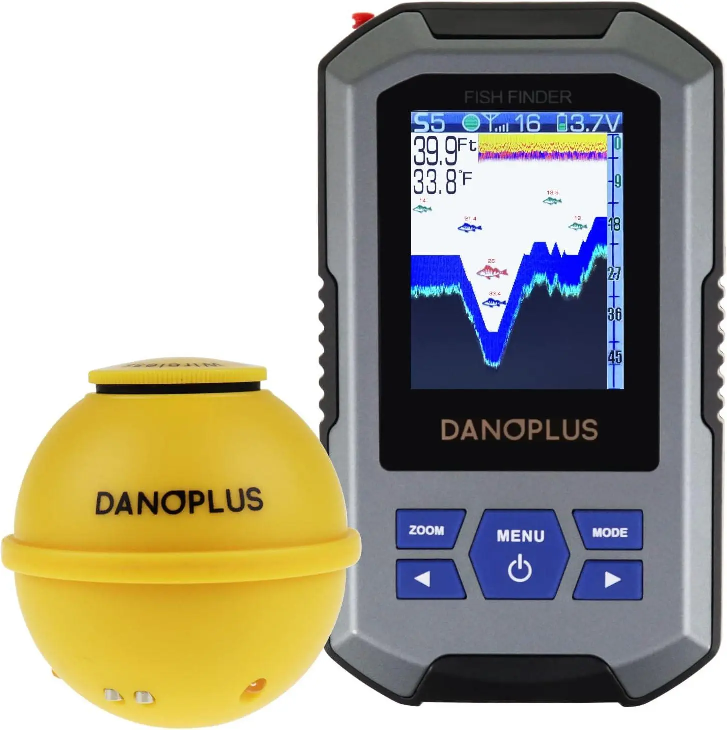 DANOPLUS Portable Fish Finder with 2.4 Inch HD Display 147 Feet Depth Detection Rechargeable Sonar Sensor for Boats Kayaks Ice Fishing