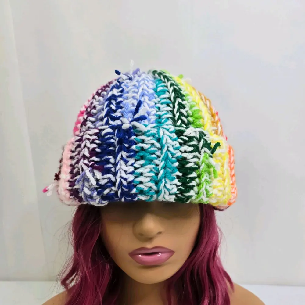 Scrap Yarn Beanie Multicolor Acrylic Hat Handmade Eco-Friendly 11.5 x 11.5 Inches Faux Frayed Ends Unisex Stretch Fabric Winter Skull Cap Unique Fashion Accessory