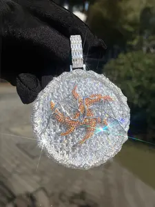 Hip Hop Custom Medallion Necklace - 14K White Gold Plated Full Baguette Cut Iced Out CZ Diamond Star Pendant with Personalized Name, Sparkly Bling Jewelry for Rappers, Star Shine Necklace