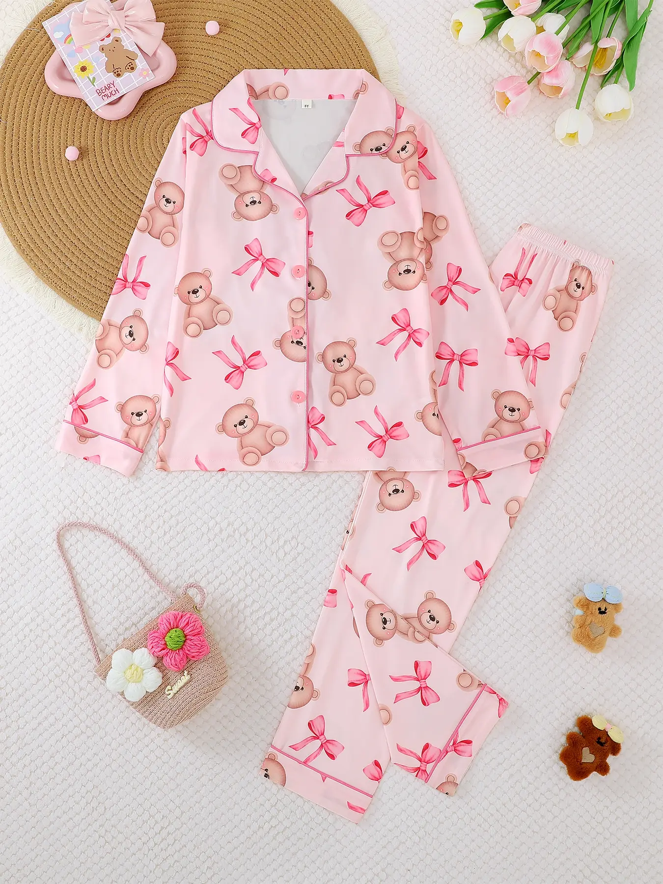 Girls' Sleepwear Set, Collared Pajama Set, Soft Knitted Fabric, Long Sleeve Button-Up Top & Elastic Pants, Cartoon Bear Print, Ages 8-12, Fitted Pajama Sets