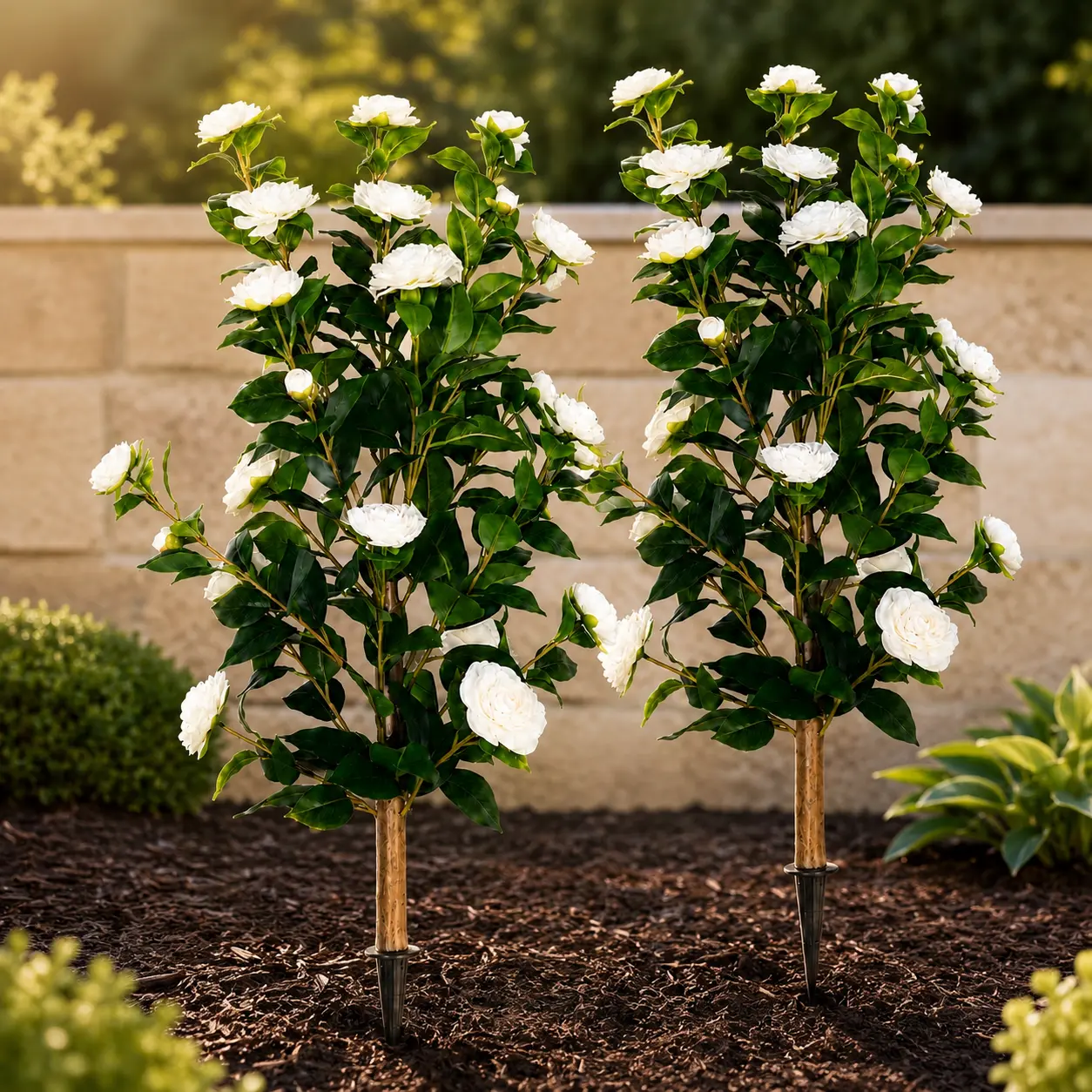 2-Pack 35-Inch Artificial White Camellia Flower Stakes, Lifelike Faux Flowering Shrubs with Ground Spikes, Weather-Resistant Outdoor Garden Decor for Porch, Patio