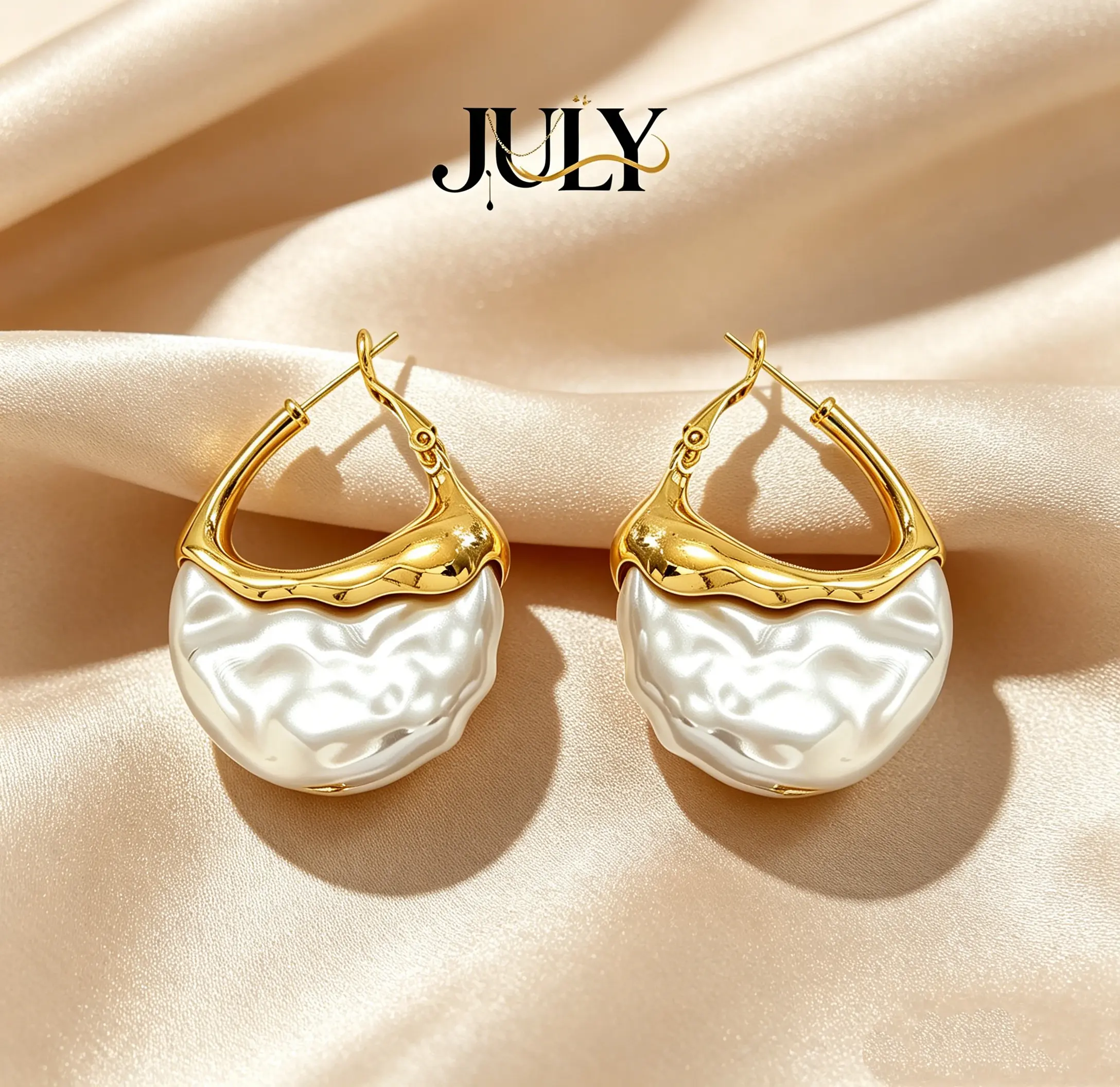 Gold Geometric Hoop Earrings With Irregular Imitation Pearl, Waterproof Colorfast Titanium Steel Fashion Jewelry Gift For Women