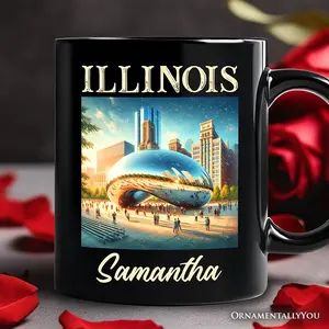 Modern Illinois State Cloud Gate Personalized Mug, Iconic Chicago Bean Gift and Urban Landmark Souvenir with Custom Name