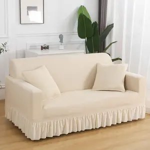 Solid Color Ruffle Trim Stretch Sofa Cover, 1 Count Soft Comfortable Elastic Sofa Slipcover, Dustproof Sofa Protector for Home Living Room Decor