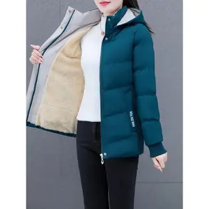 Women's Winter Puffer Jacket with Long Sleeves Zipper Slant Pockets Hoodie for Daily Wear