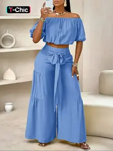 Women's Solid Off Shoulder Cropped Top & Wide Leg Pants Set, Casual Basic Chic Breathable Lightweight Fabric Fashion Cozy Baggy Top & Trousers for Daily Outdoor Beach Wear, Ladies Clothes for Summer, Womenswear, Two Piece Outfits for Women
