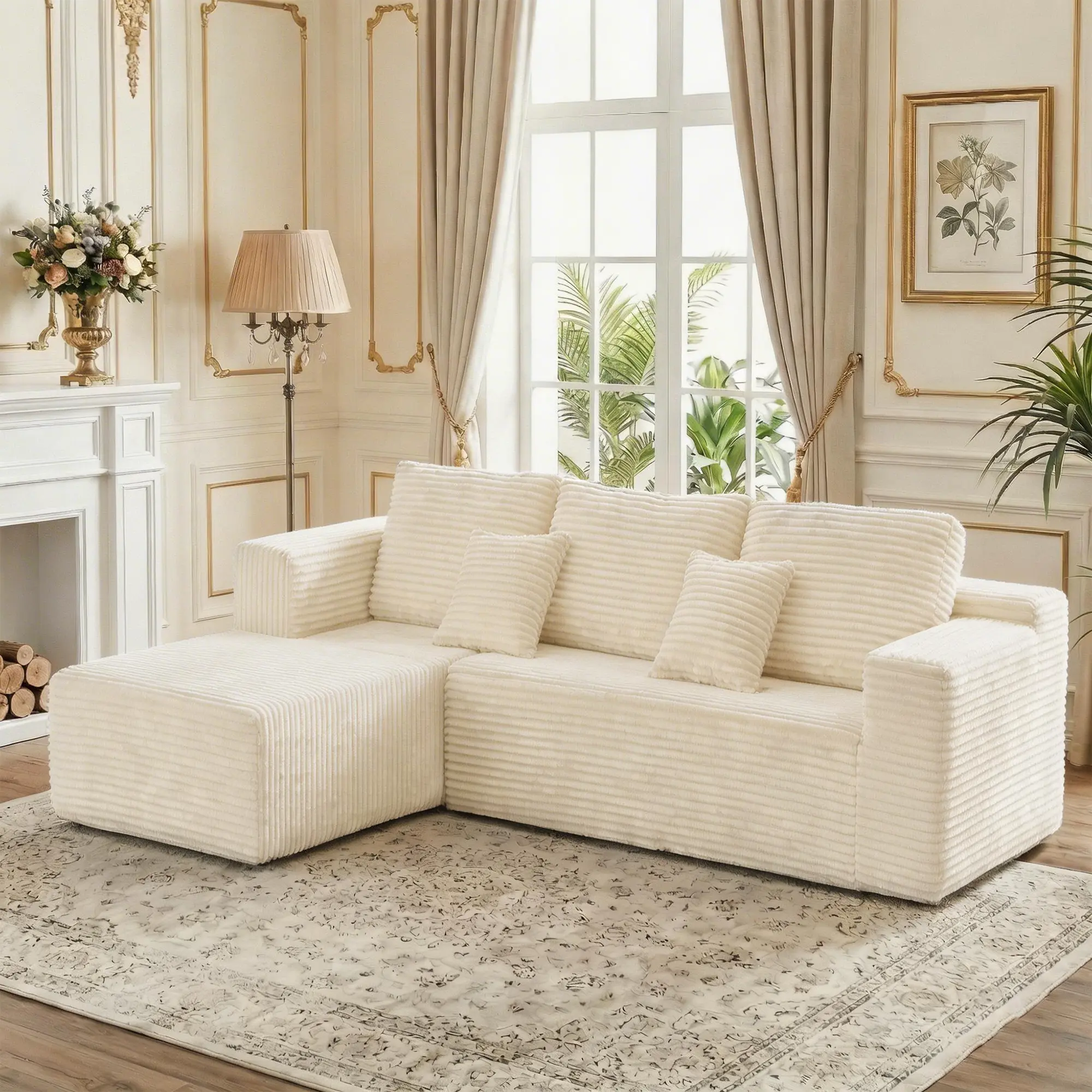 Modern seamless sofa, L-shaped modular combination sofa, no assembly required, soft corduroy upholstery living room sofa, cloud white, minimalist furniture