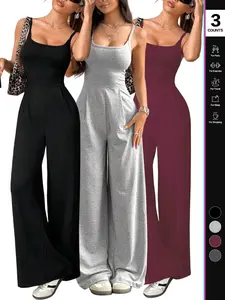 2026 Women's Solid Backless Fitted Plicated Camijumpsuit, Sleeveless Spaghetti Strap Square Neck, Sexy Wide Leg Jumpsuit for All Seasons