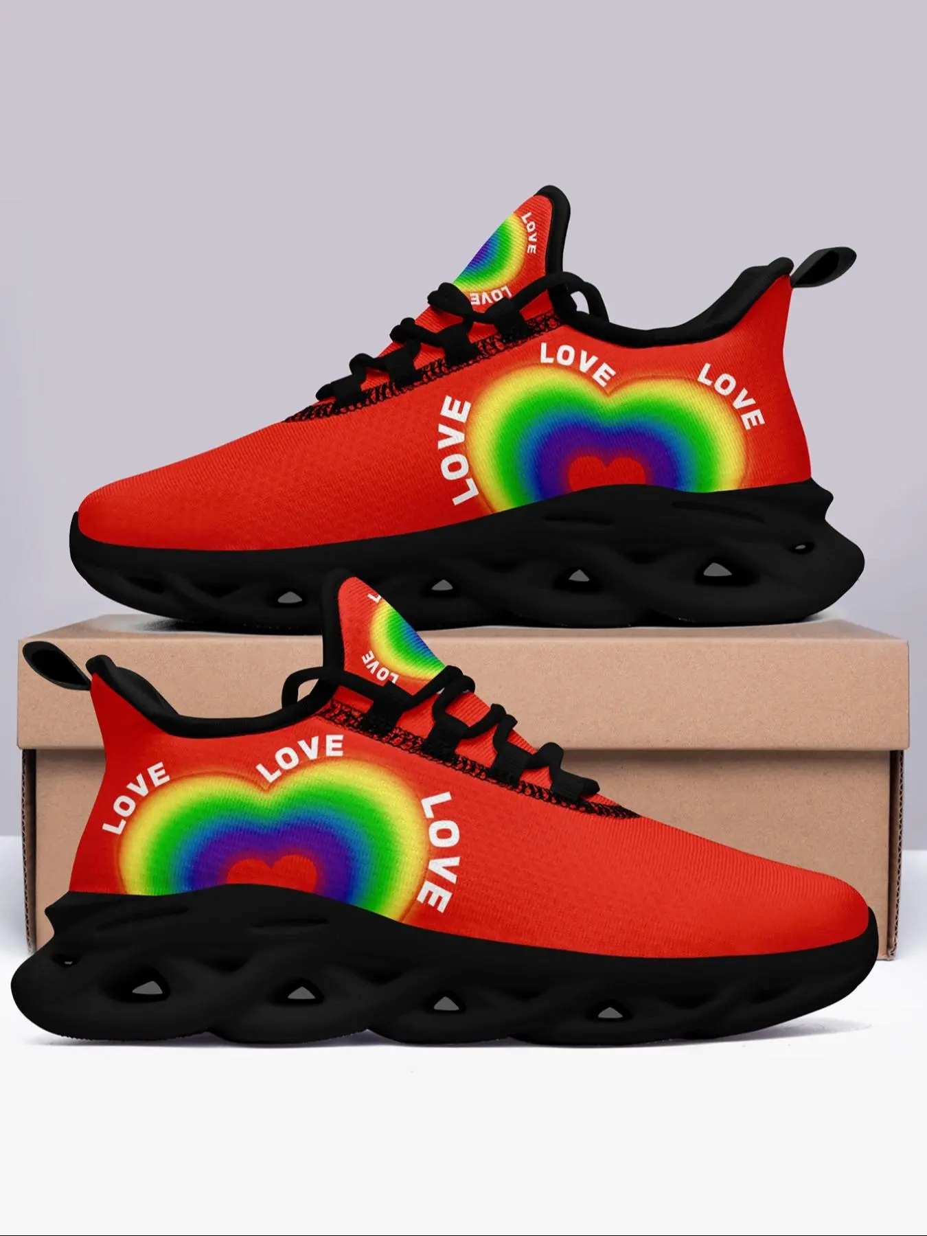 Women's Rainbow Heart Print Athletic Sneakers, Casual Comfortable Breathable Non-slip Sports Running Shoes, All-match Round Toe Chunky Sneakers for Daily Wear