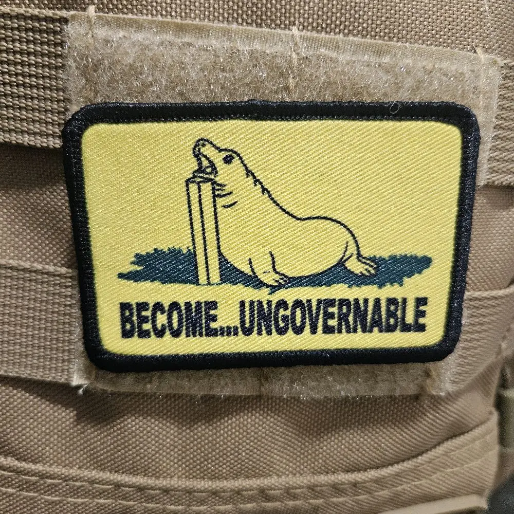 become ungovernable elephant seal outline meme 2"x3" removable morale patch with hook and loop backing fat cat