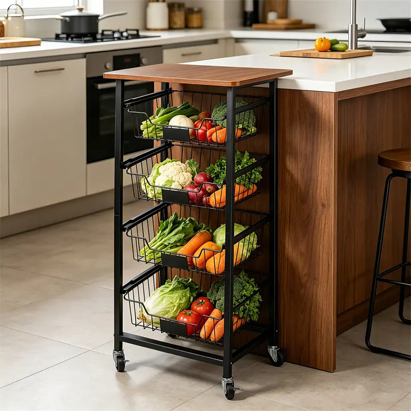 4-Tier Durable Wooden Top Rolling Kitchen Storage Cart with Pull-Out Baskets, Home Organizer Racks for Fruit, Vegetable, Snack, Kitchen Supplies