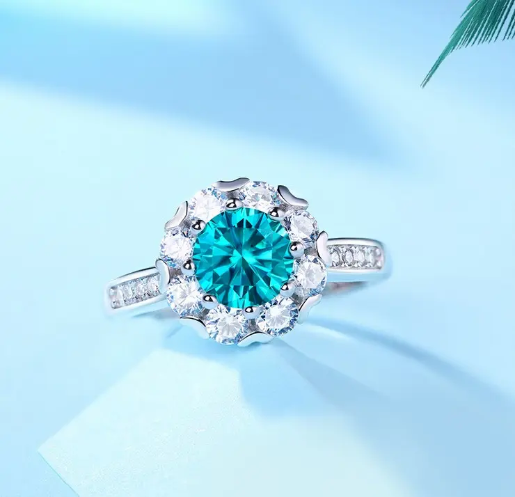 Exquisite S925 Sterling Silver 1CT Aquamarine Moissanite Gem Adjustable Ring (Size 7-9)