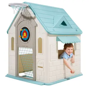 Fathersdaygift Multifunction 5-In-1 Outdoor Playground Set for Ages 2+ - Polypropylene Plastic Cottage Playhouse with Pretend Play, Basketball, Darts, Soccer, Ring Toss, Toddler Slide, Convenient Window & Door, Smooth Edges