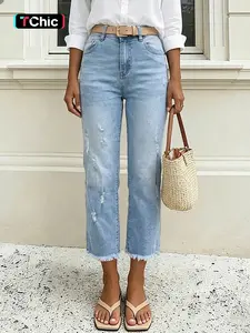 Women's Ripped Straight Leg Denim Capri Jeans, All Season Casual Everyday Fitted Pants, Elastic Fabric, Perfect for Daily Wear and Commuting