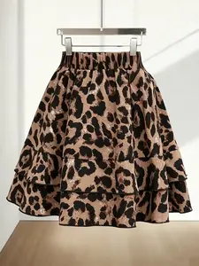 Women's Elegant A-Line Leopard Print Short Skirt, Three-Layer Design, Casual Daily Wear, Loose-Fitting Half-Skirt