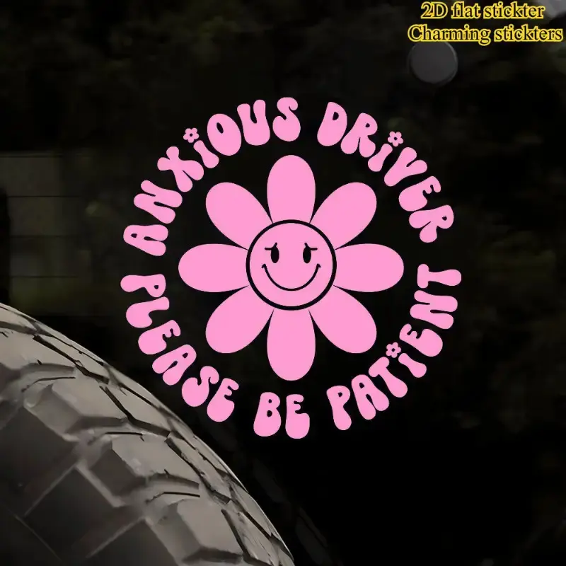 1PC Street Trendy Soft Self-Deprecating Logo Sticker Stick on car bodies ， this pink flower smile + circular slogan decor instantly has a gentle kind vibe, anxious car owners can use it as a super gentle reminder-stylish trendy decoration