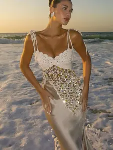 Women's Sexy Vacation Style Crochet Hollow Out Slim Fit Tank Top, Sequins Decoration Irregular Hem Beach Shirt