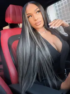 Black White Highlight Wigs 13x4 Lace Front Wigs Blended Highlights Synthetic Wig Pre-Plucked Hairline Lace Frontal Wigs for Women Vacation Party Concert Festival 28 Inch