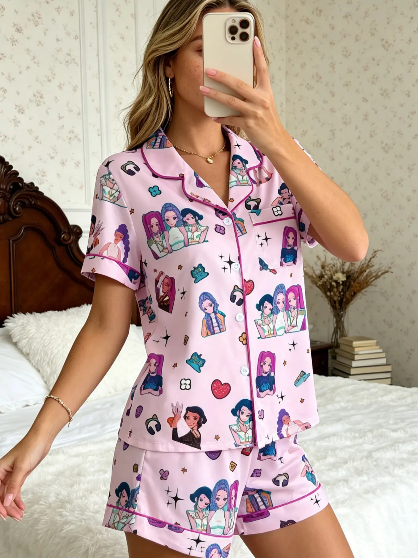 Women's Pajamas Set K-pop Aesthetic Y2K Girly K-pop Fan Idol Lover Cartoon K-pop Girl Print Button Down Short Sleeve Silky Soft Relaxed Fit 2 Piece Cute Nightwear Loungewear Set for Women
