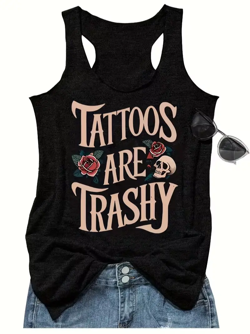 Women's "Tattoos Are Trashy" Racerback Tank Top, Retro Minimalist Rose Skull Graphic, Soft Loose Fit Cotton Blend, Casual Goth Streetwear, Ripped, Vintage, Women's Clothes, Tank Tops