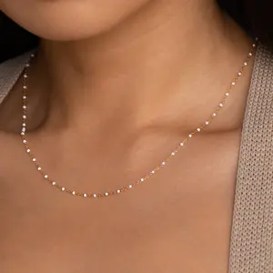 White Station Necklace by Caitlyn Minimalist - Dainty Beaded Layering Necklace in 18K Gold Finish & Sterling Silver - Minimalist Summer Jewelry - Mom Gift