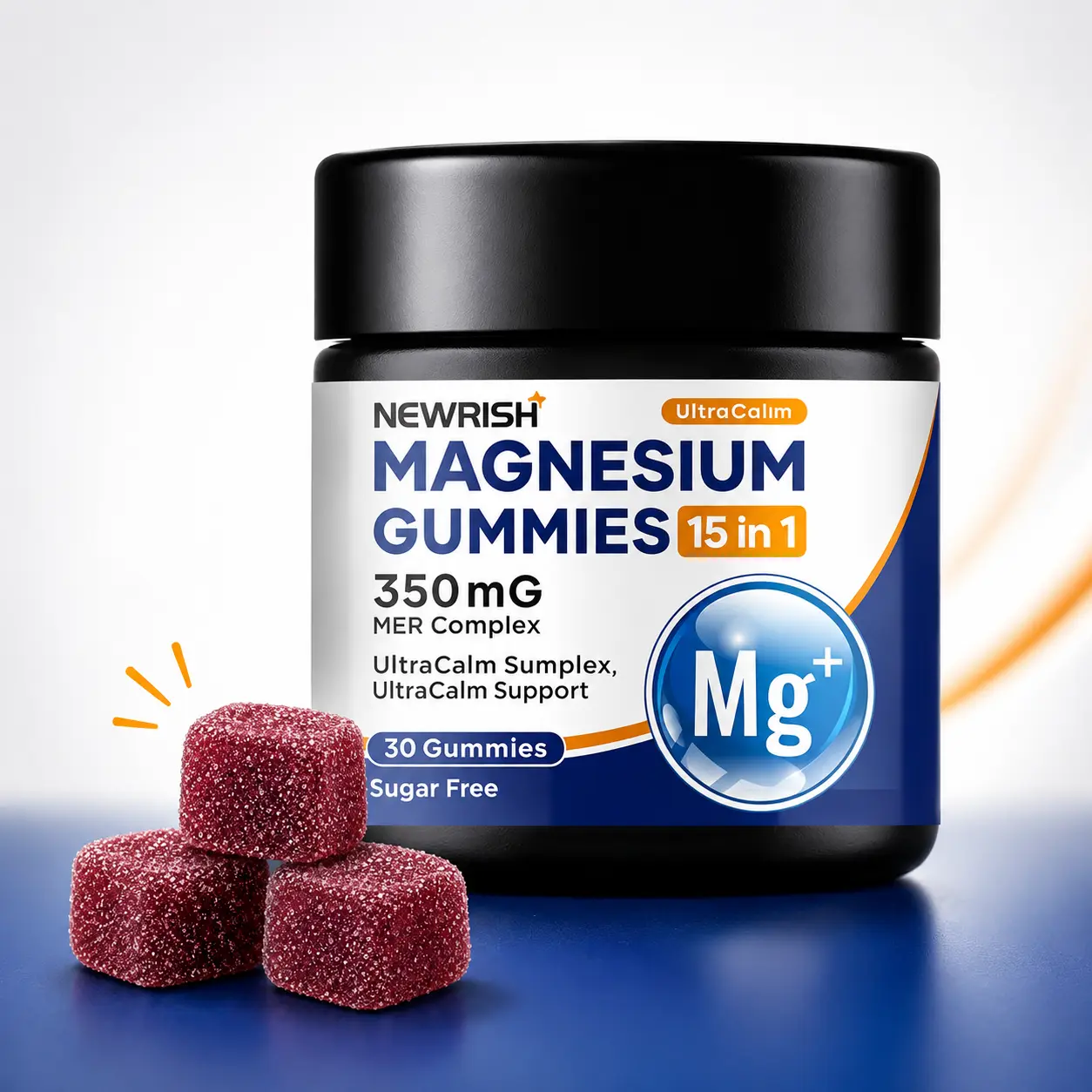Newrish Sugar Free Magnesium Glycine Gummies-Contains 15 Magnesium Composites and Solanum and L-Theanine-Vegan, Non-GMO Magnesium Supplements-Helps Relieve Stress, Improve Sleep and Maintain Health-30 Tablets