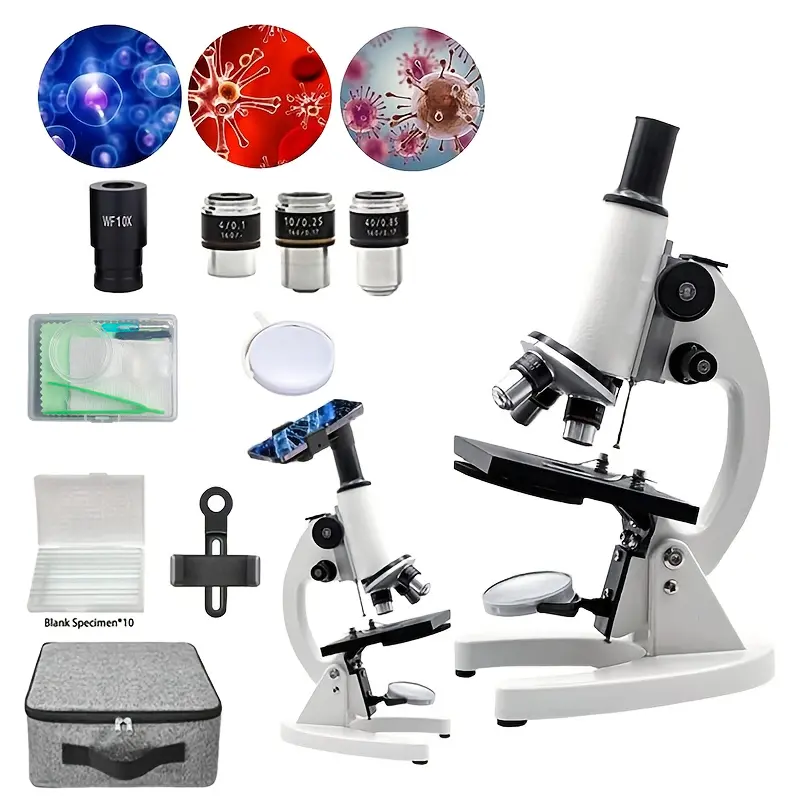 Compound Type Adjustable Achromatic Lens Monocular Microscope (40X-1000X, 4X/10X/40X Lenses) - Auto Retract, Metal Base, LED Light, Adjustable Observation Angle, STEM Toy for Kids, for Friends/Family Home School, Laboratories Use