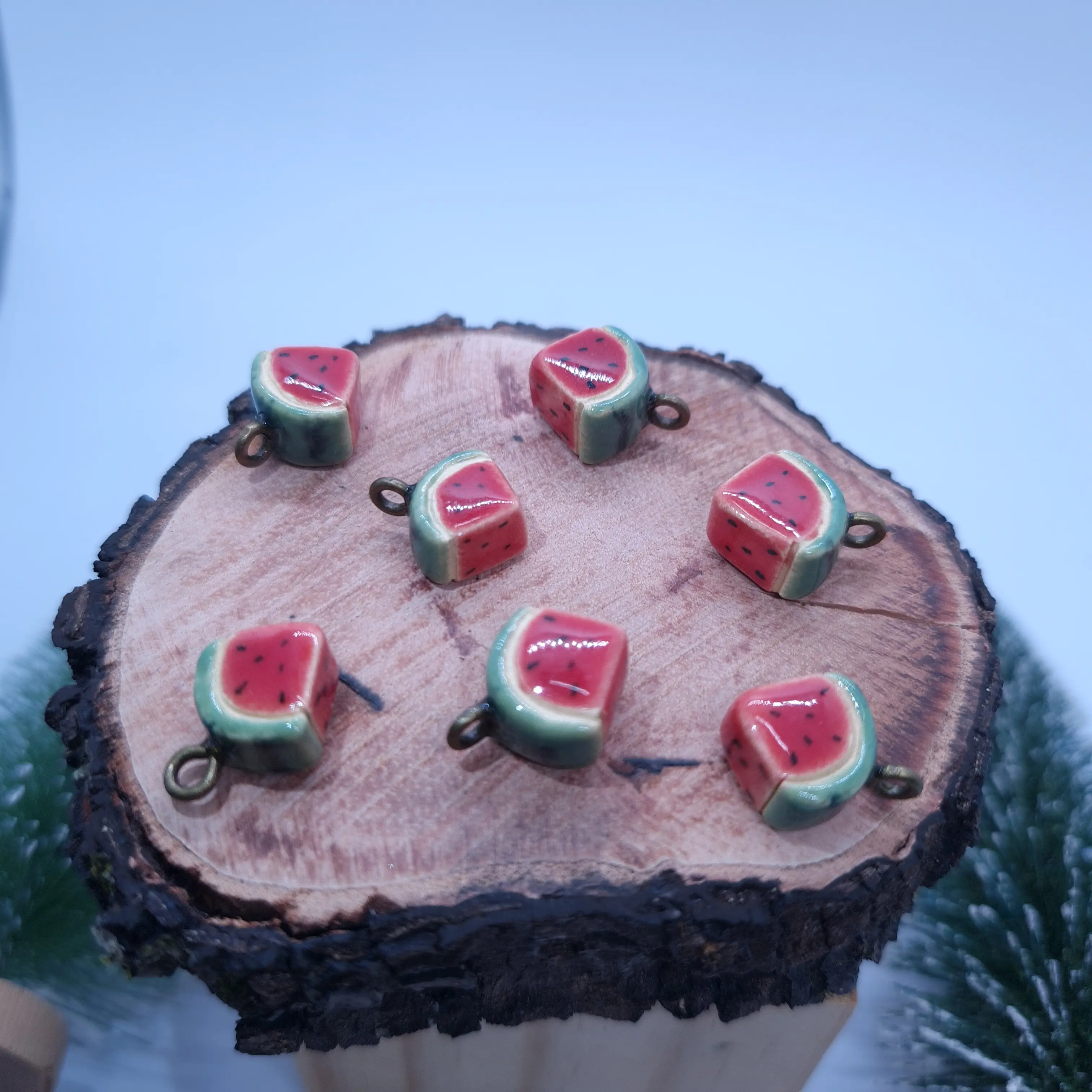 Colorful Handcrafted Ceramic Pendant and Earring Charms Watermelon, Strawberry, Blueberry, Avocado, Coffee Bean Unique Designs by Hylap