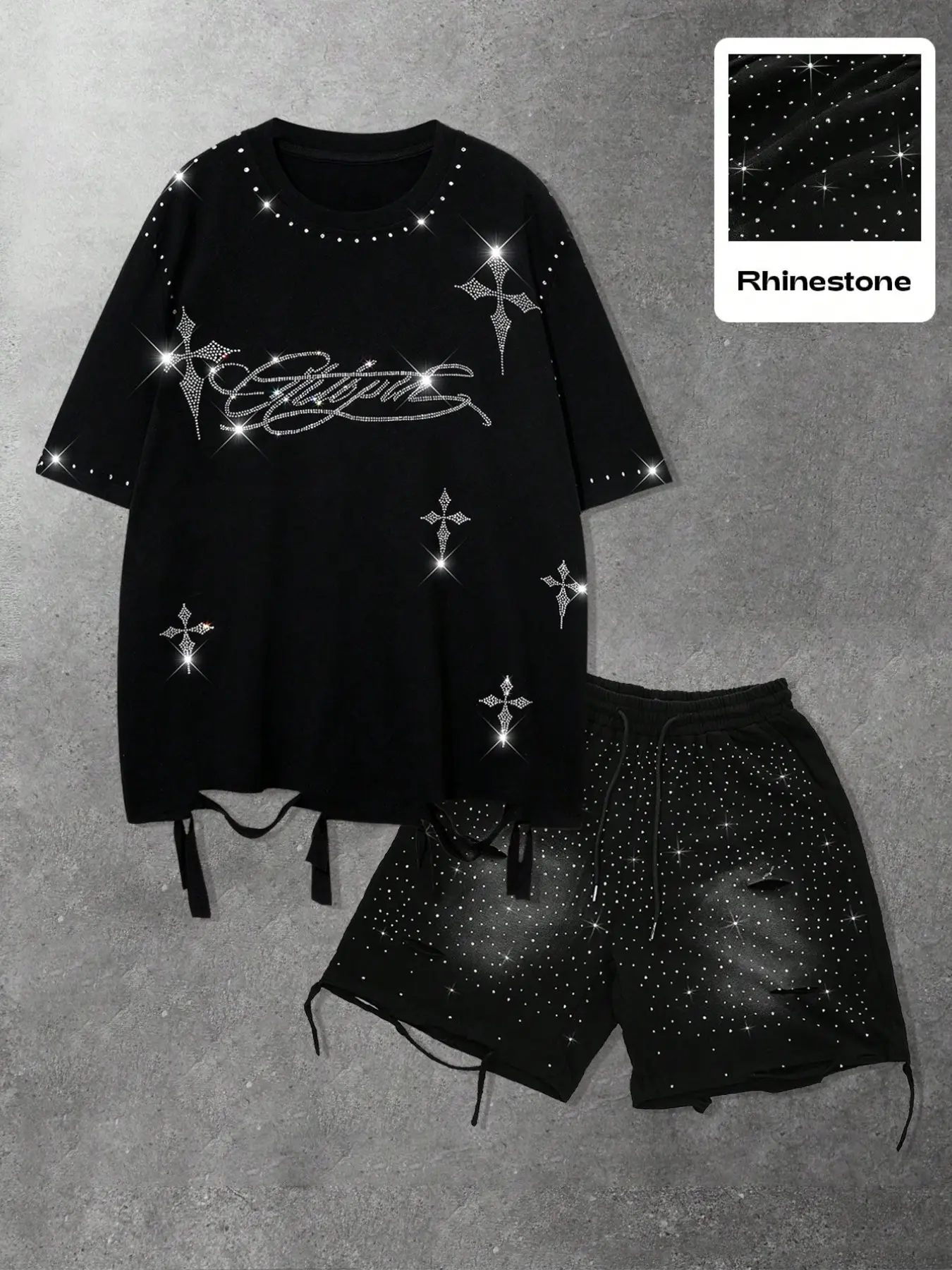 Men's Solid Color Loose Fit Baggy Casual Matching Round Neck Crewneck T-Shirt Shorts Set, Rhinestone and Ripped Details, Fashion Streetwear for Summer, Matching Sets, Menswear, Clothes