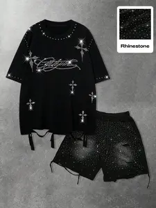 Men's Solid Color Loose Fit Casual T-Shirt Shorts Set, Rhinestone and Ripped Details, Fashion Streetwear for Summer, Menswear