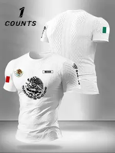 Men's Casual Classic Textured Round Neck T-Shirt, Comfortable Breathable Mexican Emblem Design, Multi-Color Options, Daily Wear Essential